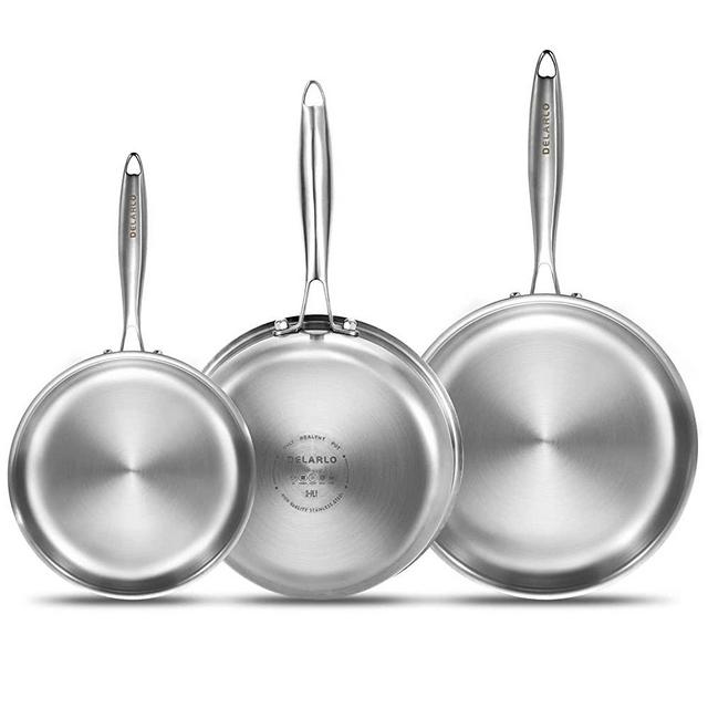 Delarlo Stainless Steel Frying Pan set, 8”/10”/12” Cooking pans, Whole body 18/10 Stainless steel Tri-Ply Cookware Set, Heats Qickly Chef's pan with Ergonomic Handles, Suitable for All Stove