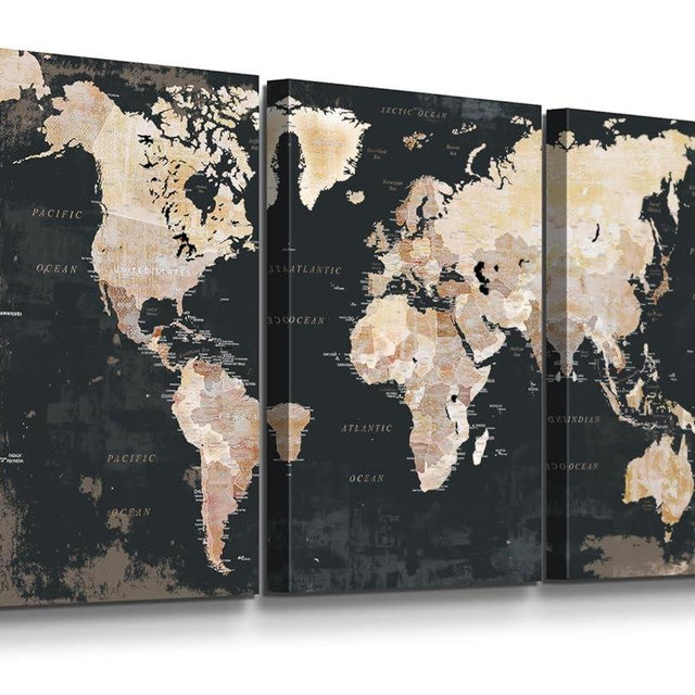 Office Wall Art for Living Room Bedroom Wall Decor Framed World Maps Black White Brown Pictures for Wall Decorations Vintage Decor