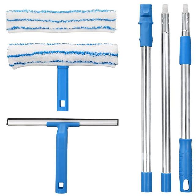 Mitclear Window Cleaner with Long Handle(57IN), Glass Cleaning Tools with Silicon Squeegee & Microfiber Scrubber, Window Cleaning Kit for Shower Glass Mirror Door Car