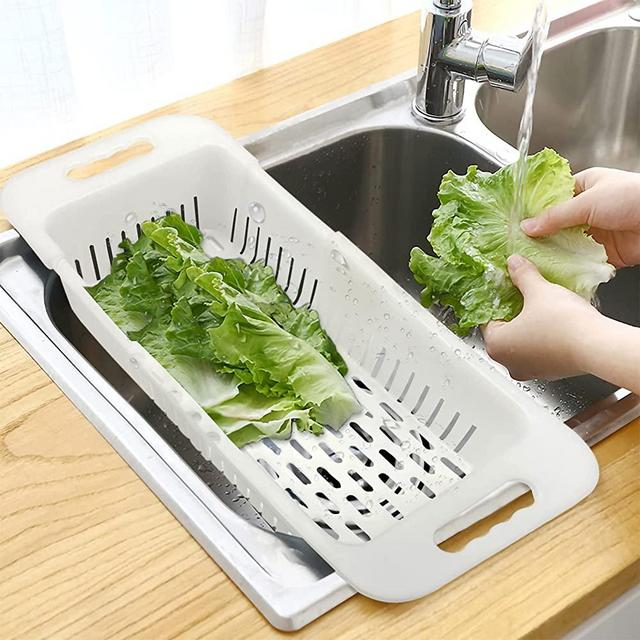 MineSign Collapsible Colander Fruits and Vegetables Drain Basket Adjustable Strainer Over the Sink for Kitchen (White)