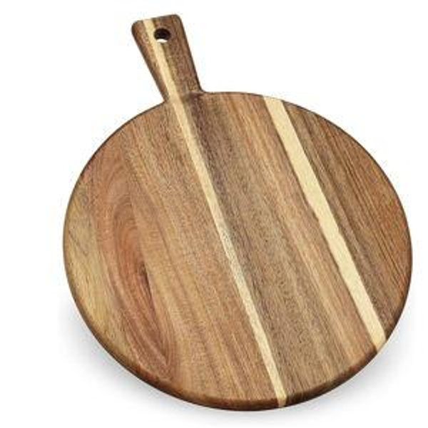 Acacia Wood Round Cutting Board and Chopping Board with Handle for Meat, Cheese Board, Vegetables, Bread, and Charcuterie - Decorative Wooden Serving Board for Kitchen and Dining Room, Large 17" x 13"