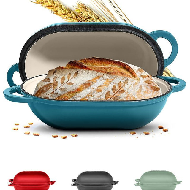 ROSSALLINI Signature Enameled Cast Iron Sourdough Bread Oven | Non-Stick with Tight Fitting Lid for Perfect Baking and Bread Making | 2QT Oval Oven With Lid [Ocean Blue]