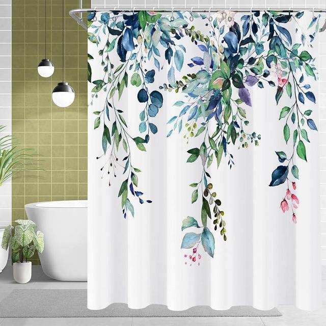 GKLEASG Eucalyptus Shower Curtain, Watercolor Sage Green Leaf Plant Floral Spring Nature Waterproof Fabric Machine Washable with Hooks for Bathroom Bathtub Decor 72x72