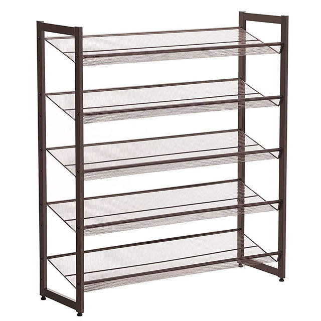 SONGMICS 5-Tier Metal Shoe Rack Adjustable to Flat or Slant Shoe Organizer Holder Stand Shelves Stackable for Entryway Bedroom Bronze ULMR05A