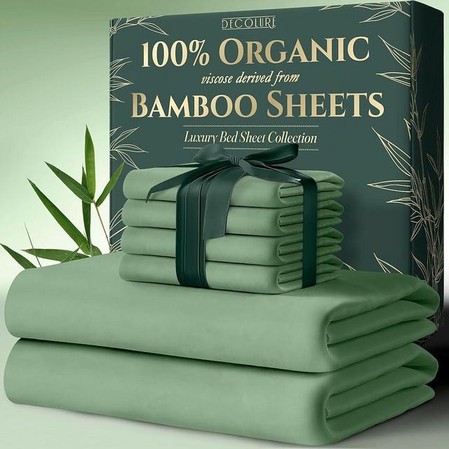 DECOLURE 100% Organic Viscose Derived from Bamboo Sheets King Size 6pcs - Ultra Soft & Luxuriously Cooling, 17" Deep Pocket, Double Stitching, Perfect for Hot Sleepers - King Bed Sheets (Sage Green)