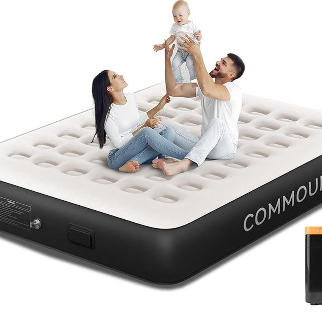 COMMOUDS Queen Air Mattress with Built-in Battery Powered Removable Pump, 13" High Inflatable Mattress, Portable Blow up Mattress, Air Bed for Camping, Home and Guest