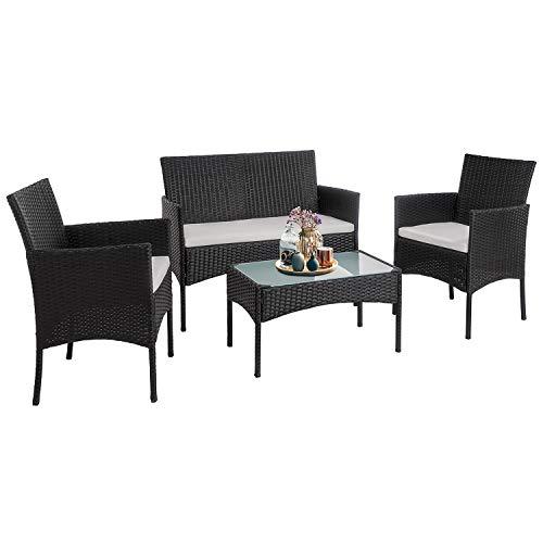 Walsunny 4 Pieces Outdoor Patio Furniture Sets Rattan Chair Wicker Set,Outdoor Indoor Use Backyard Porch Garden Poolside Balcony Furniture（Black）