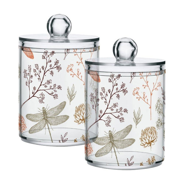 BOENLE 2 Pack Qtip Holder Organizer Dispenser Dragonfly Pattern Bathroom Storage Canister Cotton Ball Holder Container for Cotton Swabs/Pads/Floss