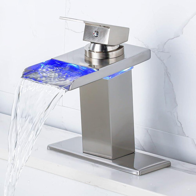 Y-Garhe LED Bathroom Sink Faucet - Brushed Nickel Single Hole or 4 Inch Centerset Waterfall Faucet with Stainless Steel Spout and Temperature-Sensitive LED Lights, Includes Deck Plate