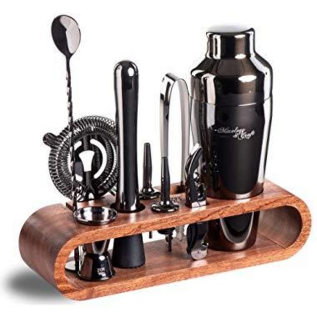 Mixology Bartender Kit: 10-Piece Black Bar Set Cocktail Shaker Set with Stylish Mahogany Stand | Perfect Home Bartending Kit with Gun Metal Bar Tools and Martini Shaker for Foolproof Drink Mixing