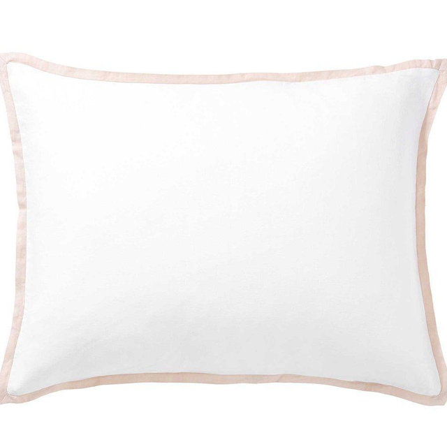 Belgian Flax Linen Contrast Flange Sham, White/Soft Rose, Standard, Set of 2