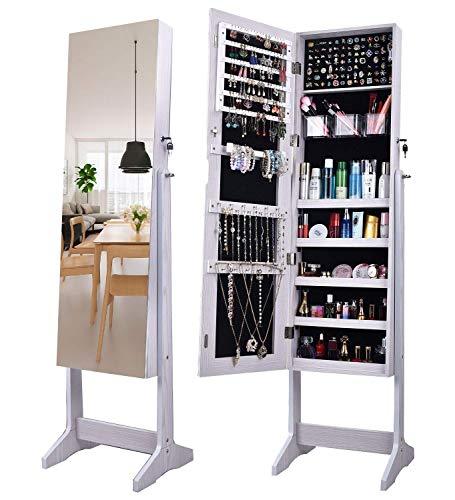 AOOU Jewelry Organizer Jewelry Armoire,Full Length Mirror Dressing Lockable Jewelry Cabinet, with Large Storage Capacity, 3 Angles Adjustable, White