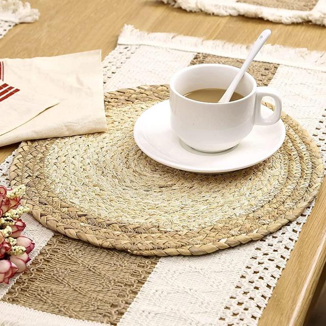Zology Handmade Boho Placemats Set of 4 - Natural Cotton Burlap and Water Straw Woven Combination Table Mats, Macrame Décor and Farmhouse Style Placemats, for Dining Table Kitchen