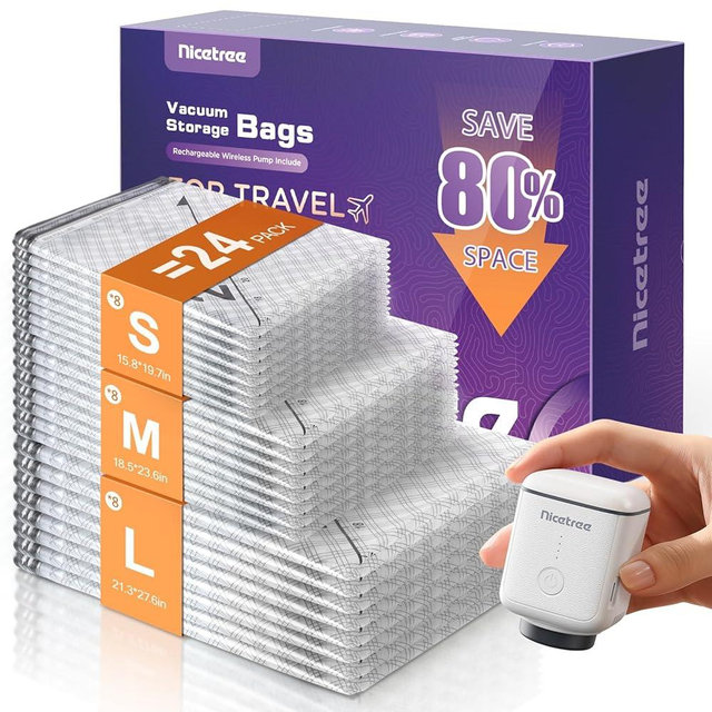 Nicetree 24-Pack Vacuum Storage Bags with Rechargeable Wireless Pump | 3 Sizes (20/24/28 Inch) Travel Vacuum Seal Bags for Clothing, Bedding & Seasonal Storage | Space Saver for Luggage