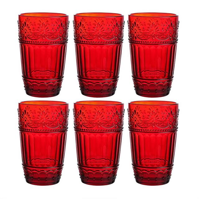 Glass Tumblers ,11 oz Embossed Design Drinking Glasses Set of 6 (Red )