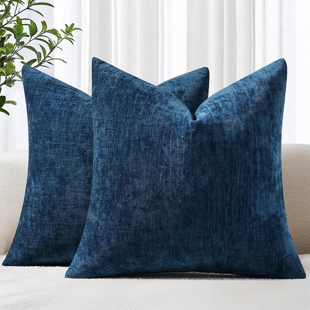 decorUhome Chenille Navy Blue Summer Throw Pillow Covers 18x18 Inch Set of 2, Decorative Soft Couch Pillow Covers Solid Dyed Accent Farmhouse Neutral Square Pillow Cases for Sofa