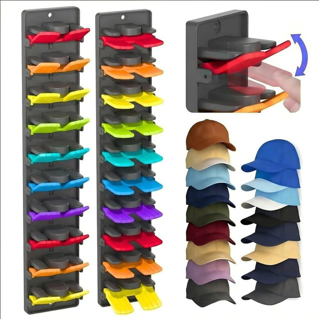 JBD Multicolor Hat Organizer for Baseball Caps, 2-Pack Wall Mounted Hat Rack Holds 20 Hats, Innovative Auto-Grip Clips Hat Holder for Closet Door & Bedroom, Damage-Free Room Decor Cap Storage