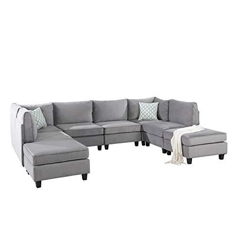 BOWERY HILL Upholstery Velvet Fabric U-Shape 8Pc Modular Sectional Sofa with 2 Ottomans and 2 Accent Pillows