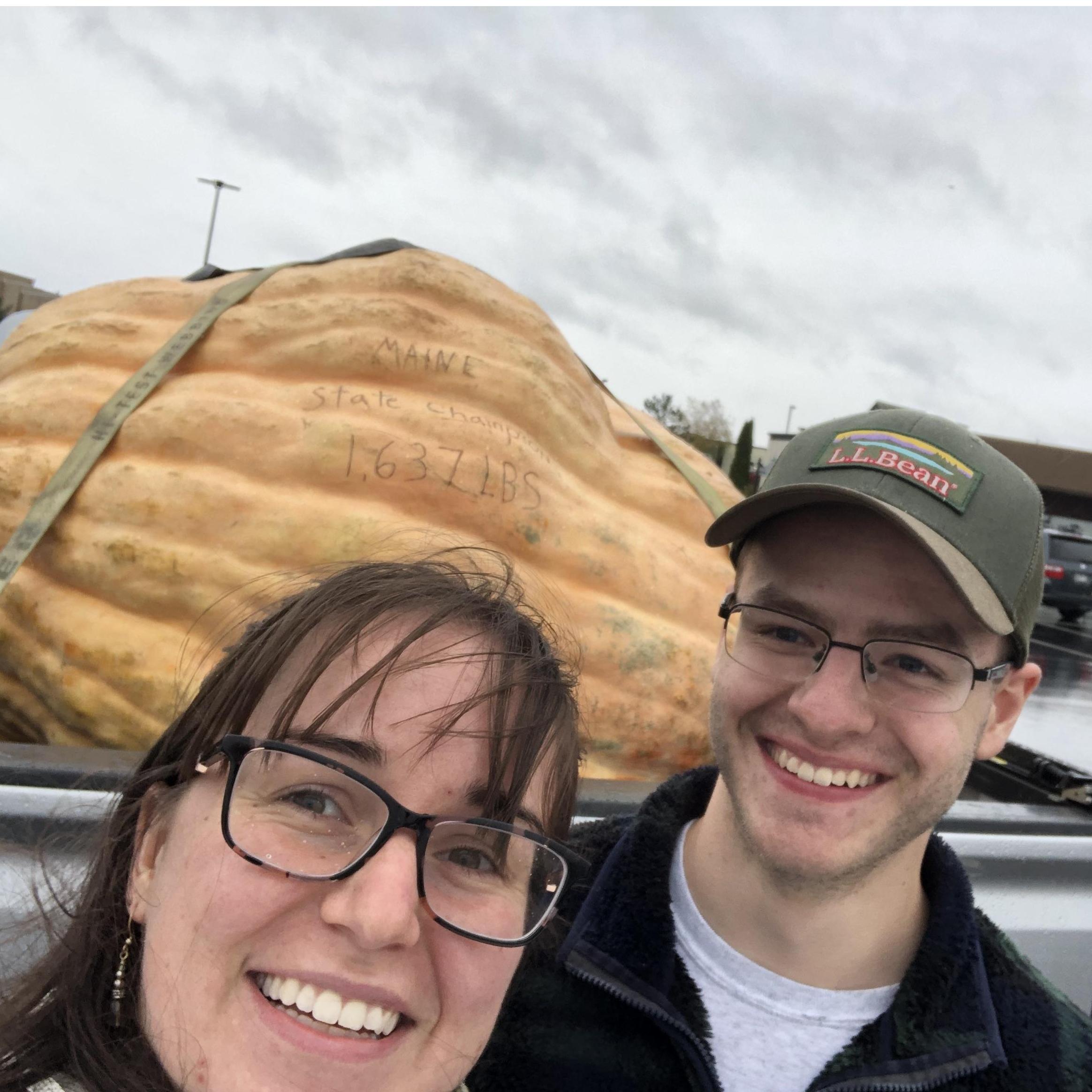 Behind us while in the Hannaford parking lot, we spotted the largest pumpkin grown in the state of Maine, so of course this was selfie-worthy!