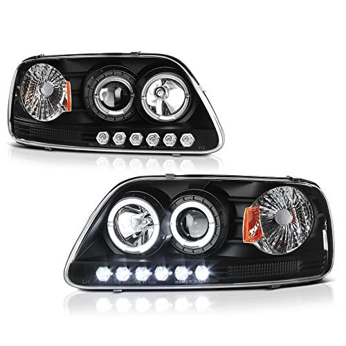 [For 1997-2003 Ford F-150 Pickup Truck] LED Halo Ring Black Housing Projector Headlight Headlamp Assembly, Driver & Passenger Side