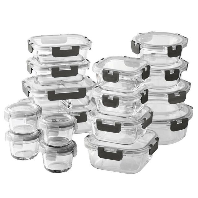COOK WITH COLOR Premium 32-Pc. Borosilicate Glass Food Container Set with Dividers - 4 Rectangles, 8 Rounds, 4 Squares - Leakproof Lids - Meal Prep, Storage, Regular Black