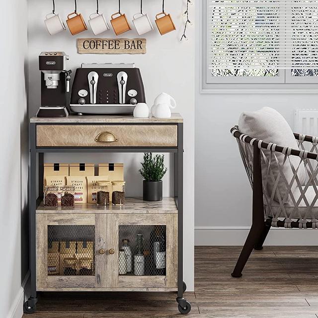 X-cosrack Coffee Bar Cabinet，3 Tiers Kitchen Coffee Cart with Drawer, Movable Farmhouse Coffee Station Table on Wheels for Living Room, Entryway, Dining Room, Kitchen