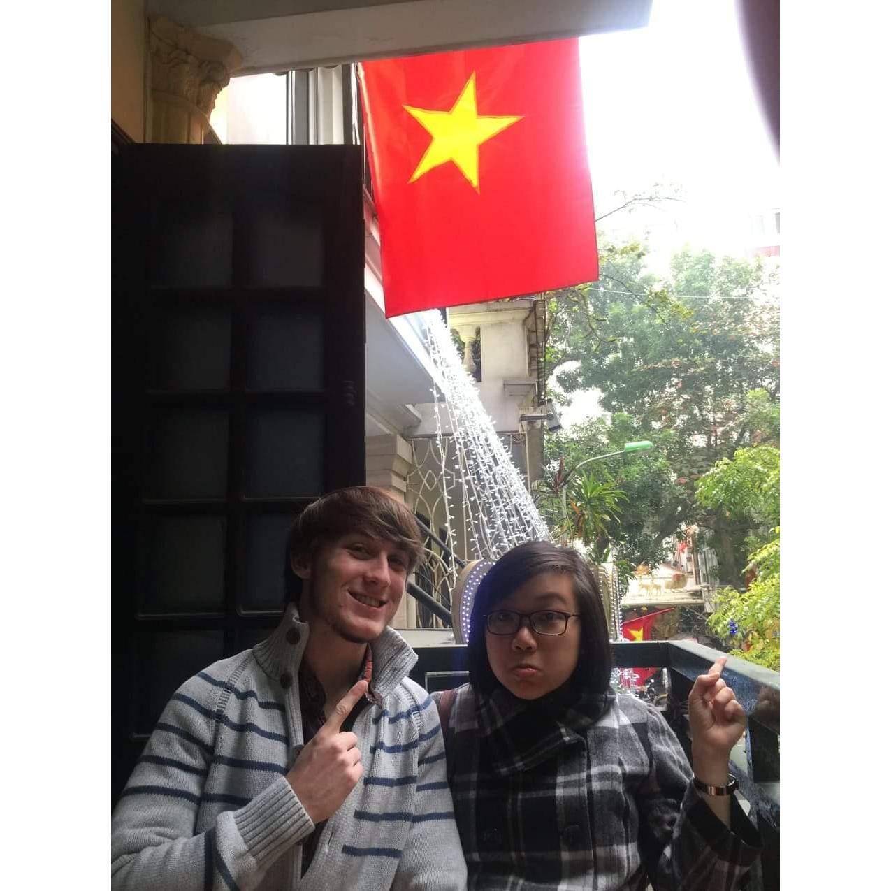 Nathan's first morning in Viet Nam! To our surprise, Nathan bravely added the infamously pungent shrimp paste to his noodles, like the rest of us, and he loved it! (December 2014, Ha Noi, Viet Nam)