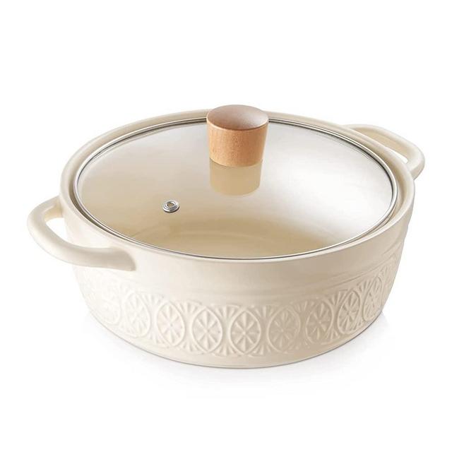 LIFVER Casserole Dish with Lid, 2.36 Quart Ceramic Roasting Pan, Farmhouse Bakeware with Cover, Round Cookware Bakeware, Microwave, Oven, Fridge and Dishwasher Safe, Off White