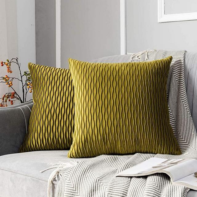 JUSPURBET Decorative Velvet Pillow Covers with Wave Striped,Pack of 2 Luxury Soft Cushion Cases for Couch Sofa Living Room,22x22 Inches,Olive Green