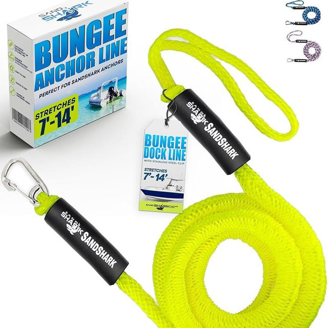 SandShark Premium Anchor Bungee Dock Line. Boat Accessories Anchor Line Absorbs Shock to Anchors and Docks w/Stainless Steel Clip - Neon Green - 7-14ft