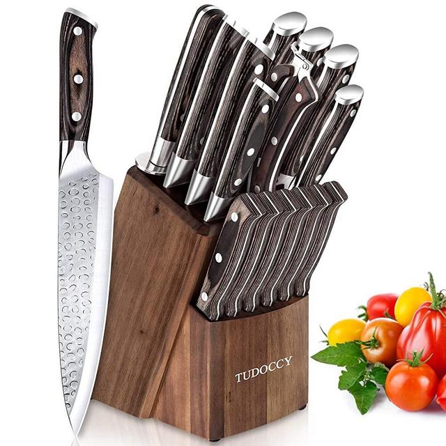 Kitchen Knife Set, 16-Piece Knife Set with Built-in Sharpener and Wooden Block, Precious Wengewood Handle for Chef Knife Set, German Stainless Steel Knife Block Set, Ultra Sharp Full Tang Forged