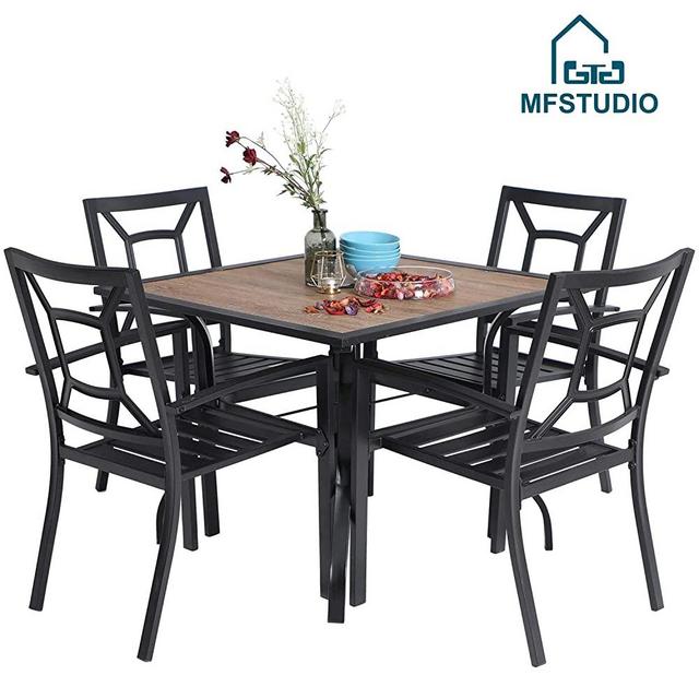 MFSTUDIO 5 Piece Patio Dining Set Metal Patio Armrest Dining Chairs and Larger Square Table Set, 37" Square Bistro Table and 4 Backyard Garden Chairs - Umbrella Hole 1.57"