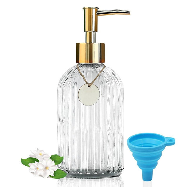 14Oz Gold Pump Glass Soap Dispenser, Clear Stripe Countertop Refillable Liquid Bottle Hand Dish Lotion Dispenser with Plastic Pump, for Kitchen, Bathroom