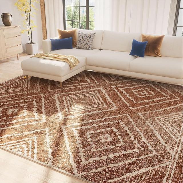 BESTSWEETIE 8x10 Area Rugs Moroccan Rug 8x10 Rugs farmhouse rug Machine Washable Rugs Non-slip Low Pile Water Repellent Ultra Soft Faux Wool for Living Room Bedroom Indoor redbrown
