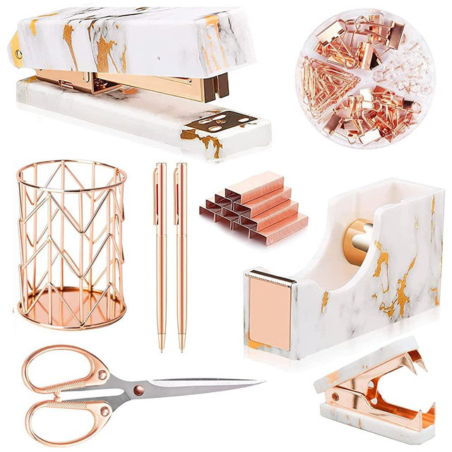 Rose Gold Marble Desk Accessories, Office Supplies Set Stapler Set Staple Remover, Tape Holder, Pen Holder, 2 Ballpoint Pen, Scissor, Binder Clips, Paper Clips and 1000pcs Staples