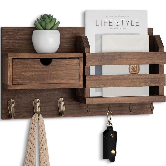 Lwenki Wall Mount Key Holder with Mail Organizer, 100% Paulownia Wood, 7 Metal Hooks, Storage Drawer, Entryway Home Decor (Brown)