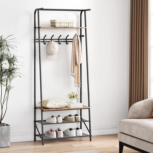 Hall Trees Entryway Bench with Storage, Multifunctional Hallway Organizer, Wood Look Accent Furniture with Metal Frame (Black, 5 hooks-25.2 in)