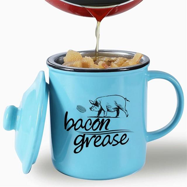 ONTUBE Ceramic Bacon Grease Container with Strainer, Cooking Oil Storage Can Grease Keeper for Kitchen, Turquoise