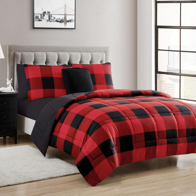 8 Piece Buffalo Plaid Bed In A Bag Comforter And Sheet Set By Sweet Home Collection® - King - Black/Red