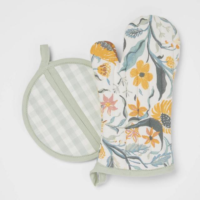 2pc Cotton Floral and Gingham Oven Mitt and Pot Holder Set Green - Threshold™