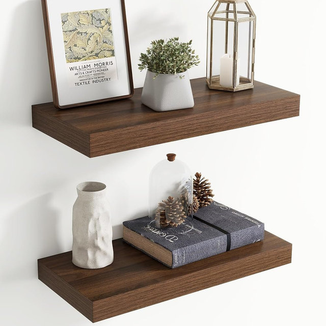 20 Inch Floating Shelves for Wall, 8 Inch Deep Floating Shelf for Storage & Display, Rustic Wall Mounted Shelf with Invisible Brackets for Living Room, Kitchen, Bathroom, Home Decor, Set of 2, Walnut
