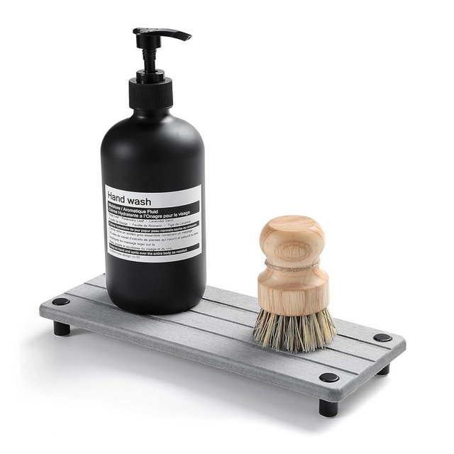 Razborci Fast Stone Drying Tray Diatomite Sponge Holder Mat, Kitchen Sink Organizer Sink Caddy, Kitchen & Bathroom Counter Makeup Vanity Dispenser Toothbrush Bottle Soap Dish Rack,Light Gray, 10" x 4"