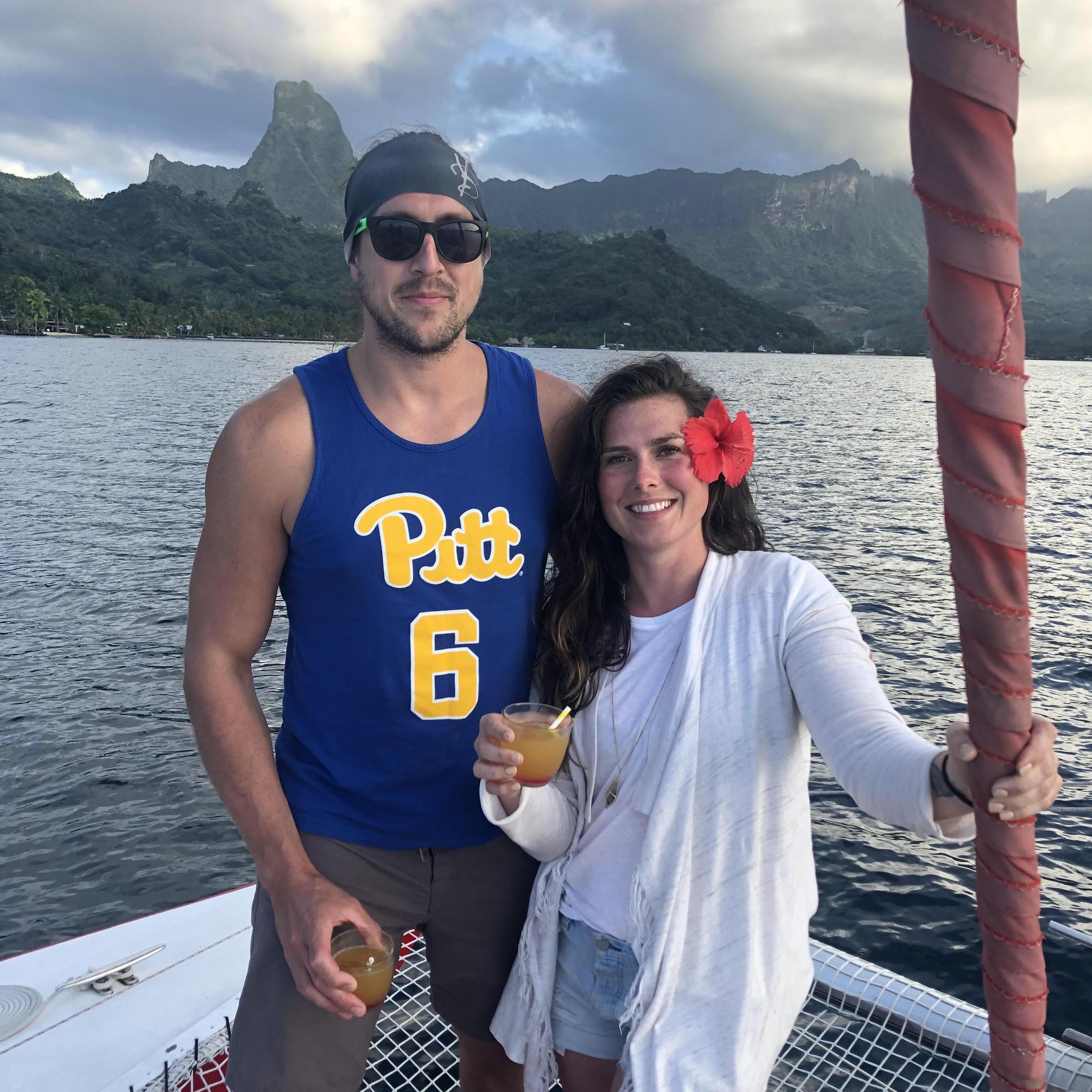 Celebratory sunset catamaran cruise in Tahiti