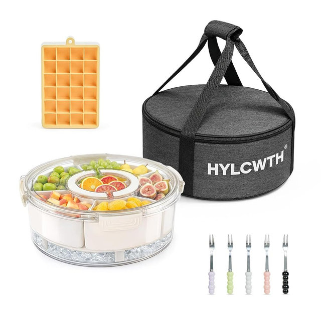 Divided Serving Tray with Lid and Handle, Rounded Snackle Box with 6 Compartments and Chill Base for Fruits, Candy, Veggie, Travel Snack Container with Portable Insulated Bag & Ice Cube Tray & 5 Forks