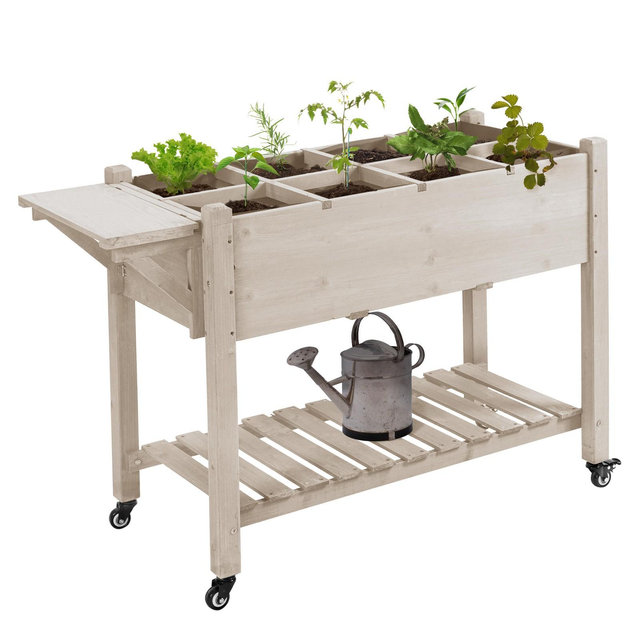 Outsunny 49''x21''x34'' Raised Garden Bed w/ 8 Grow Grids, Outdoor Wood Plant Box Stand w/ Storage Shelf & Wheels for Vegetable Flower, Natural