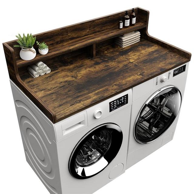 FZGhome Washer Dryer Countertop, 54" x 27.55" 2-Tier Washer Dryer Topper with Edge, for Laundry Room Organization Rustic Brown