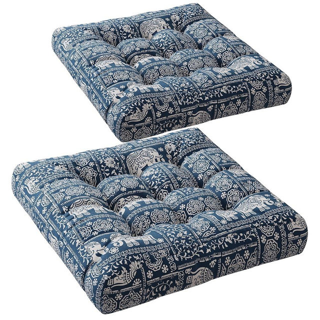 Codi Meditation Floor Pillow Set of 2, Large Pillows Seating for Adults and Teens, Bohemian Cushion for Fireplace Yoga Living Room Sitting, Memory Foam Added, 22x22 Inch Indigo Elephant