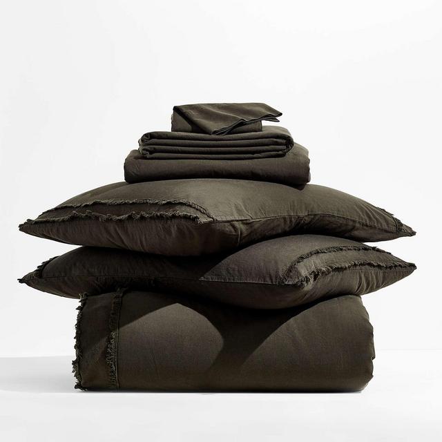 Organic Cotton Ficus Green Eyelash Fringe Queen Bedding Set