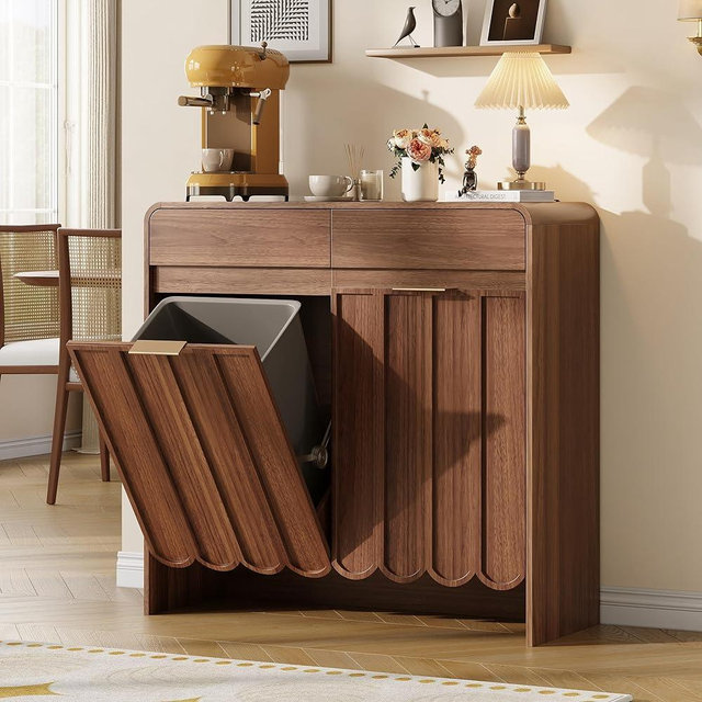 Halitaa Double Tilt Out Trash Can Cabinet with Charging Station, Modern 2x10 Gallons Laundry Hampers Cabinet with 2 Drawers, Hidden Dog Proof Cabinet with Wave Panel for Kitchen, Bathroom, Walnut