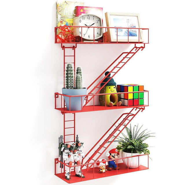 LUPWNEKA Red Metal Fire Escape Wall Shelf, Unique Decorative Shelves for Wall, New York Shelf Ladder Storage, Funky Knick Knack Shelf Organizer, Industrial Wall Shelves for Bathroom, Living Room